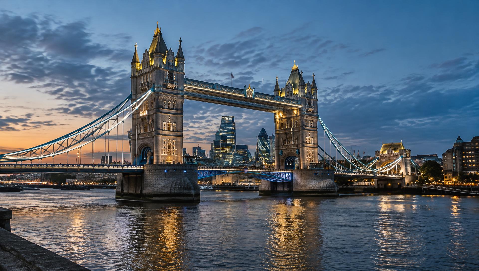 Tower Bridge above the River Thames at dusk
