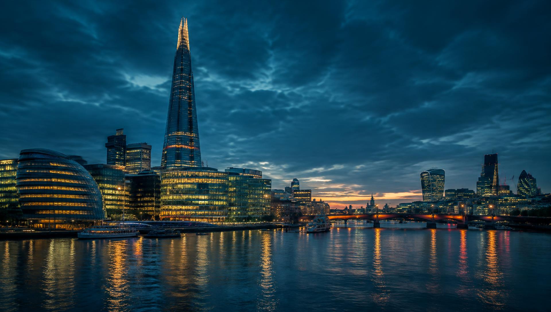 The Shard and London Bridge skyscrapers glowing at dusk over the Thames