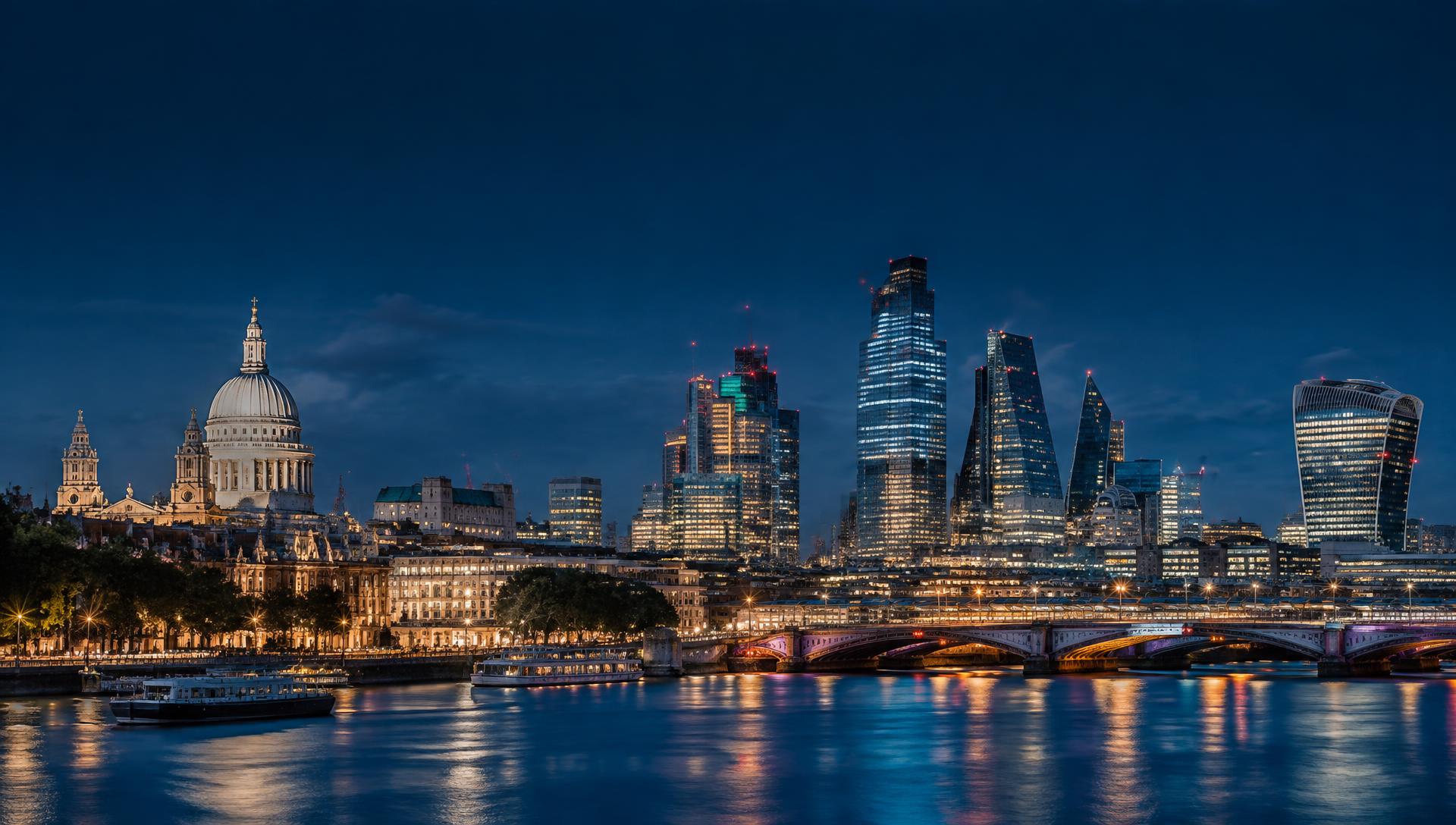 London skyline and St Paul’s Cathedral across the Thames at dusk